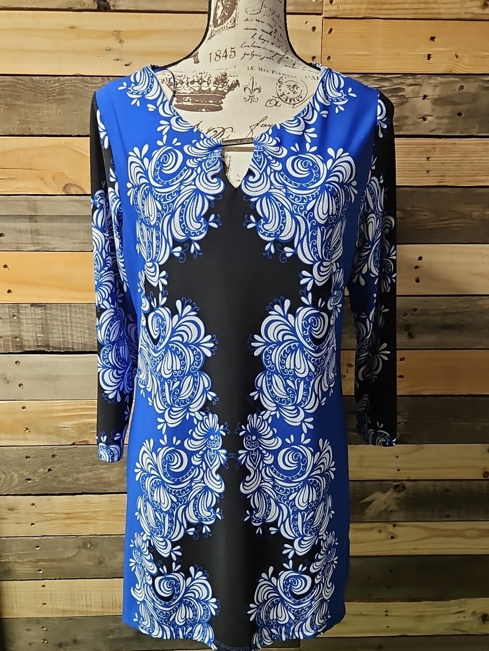 Blue and Black Floral-Print Long Sleeve Tunic Dress